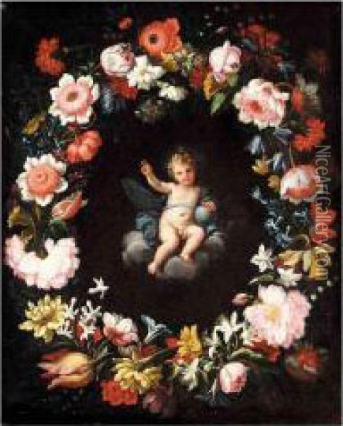 The Christ Child Surrounded By A Floral Garland Oil Painting - Pier Francesco Cittadini Il Milanese