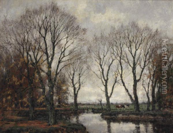 Cows Along The Vordense Beek In Autumn Oil Painting - Arnold Marc Gorter