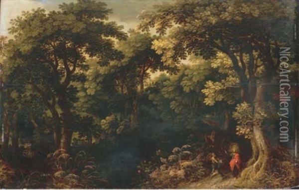 A Wooded Landscape With Christ Tempted By The Devil Oil Painting - Jasper van der Laanen