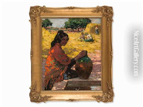 Girl With Jug Oil Painting - Alberto Pla y Rubio