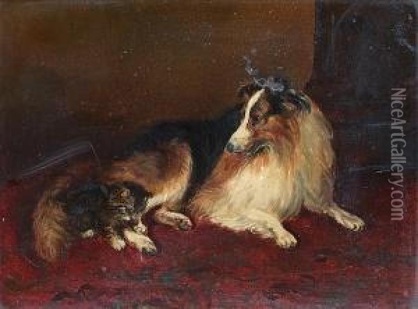 A Kitten Playing With A Collie Oil Painting - Frederick, Fred French