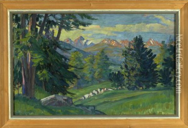 Tannenwald Mit Blick Auf Das Alpine Bergmassiv Im Abendrot Oil Painting - Carl Friedrich Felber