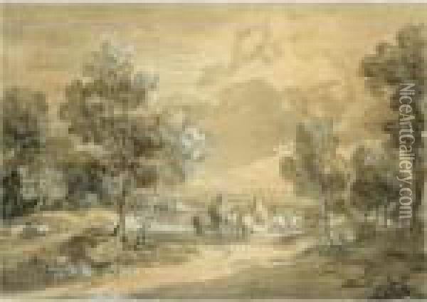 Open Landscape With Travellers On A Road Oil Painting - Thomas Gainsborough