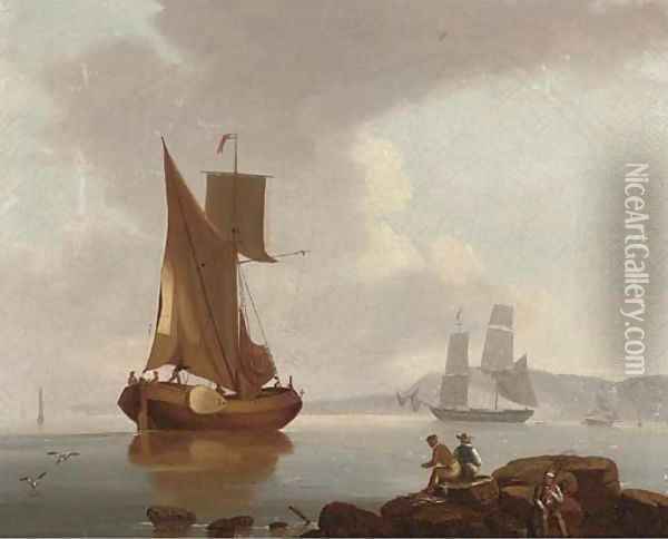 A merchantman and a barge in a calm offshore, with fishermen on the rocks in the foreground Oil Painting - John Thomas Serres