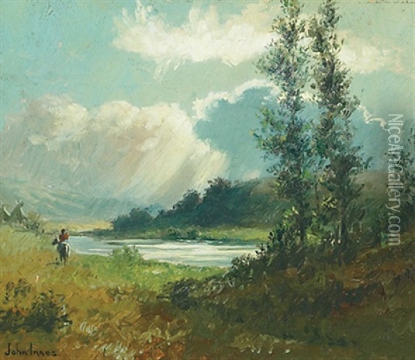 Indian On Horseback Approaching An Encampment Beside A Stream Oil Painting - John Innes