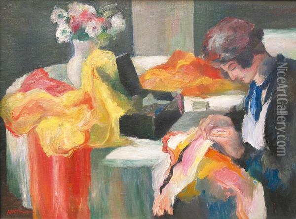 Femme A La Couture Oil Painting - Henri Ottman