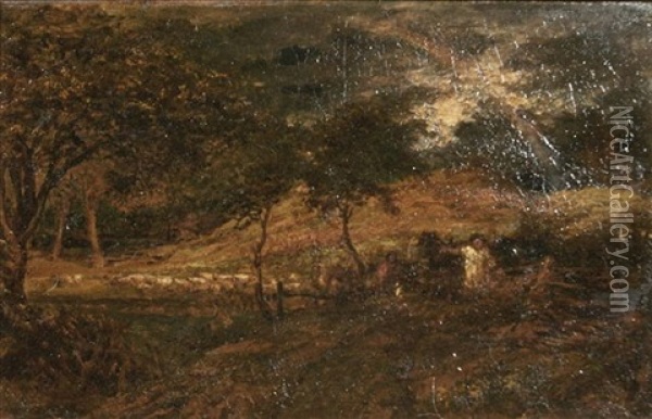 Landscape With Figures And Sheep At Sunset Oil Painting - John Linnell