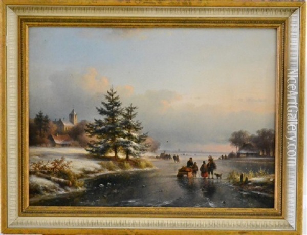 Frozen River Scene With Figures And Buildings Oil Painting - Lodewijk Johannes Kleyn