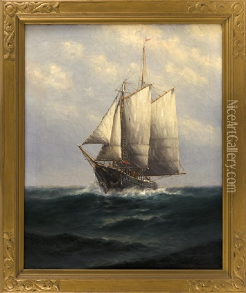 An Oncoming Schooner At Sea Oil Painting - Theodore Victor Carl Valenkamph