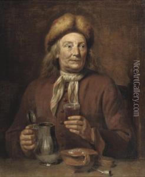 A Gentleman Seated At A Table Smoking And Drinking Oil Painting - Jan Maurits Quinkhard