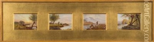 A Scottish Salmon Fisherman, Together With Three Other Fishing Scenes (4 Works) Oil Painting - Arthur Gilbert