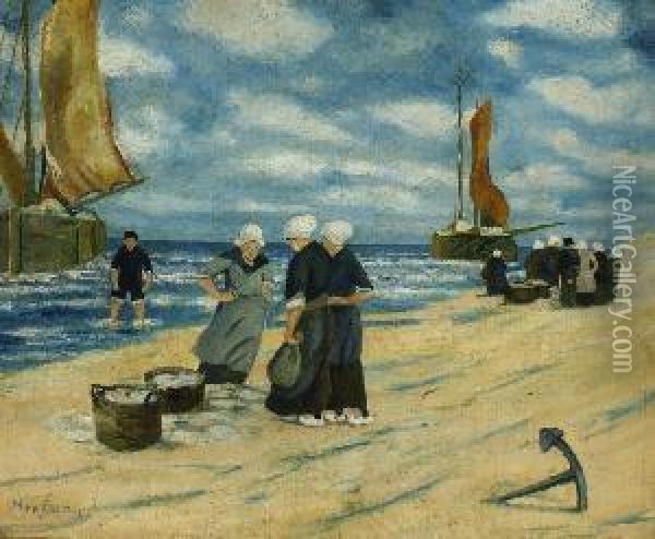 Bretonische Frauen Am Strand. Oil Painting - Max Stern