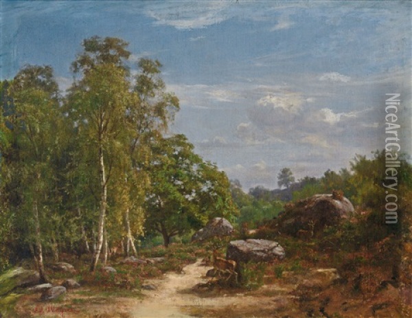 Fels- Und Baumlandschaft Mit Hirschpaar Oil Painting - Edmond Louis Marie Wagrez
