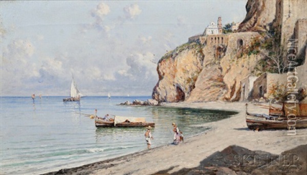 Figures On A Beach Along The Coast Of Napoli Oil Painting - Giuseppe Carelli
