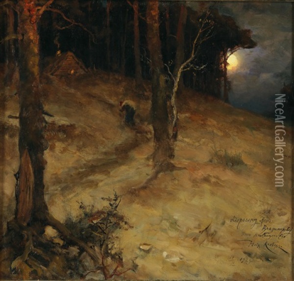 A Moonlit Night In The Forest Oil Painting - Yuliy Yulevich (Julius) Klever
