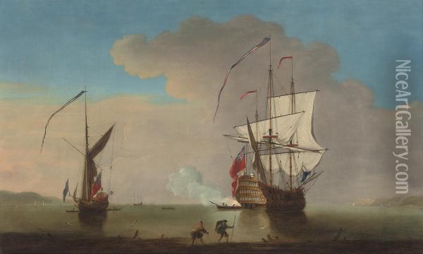 A Flagship Announcing Her Departure From The Medway With A Royalyacht Anchored Nearby Oil Painting - Thomas Leemans