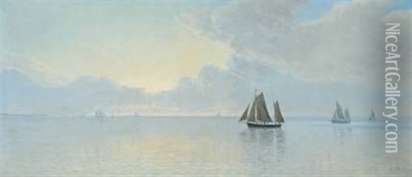 Scenery From Horsens Inlet With Ships At Sea, On A Quiet Day Oil Painting - Albert Evard Wang