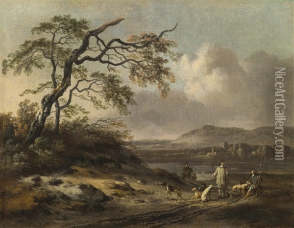 Dune Landscape With Hunters In The Foreground, A Lake And Mountains Beyond Oil Painting - Jan Wijnants