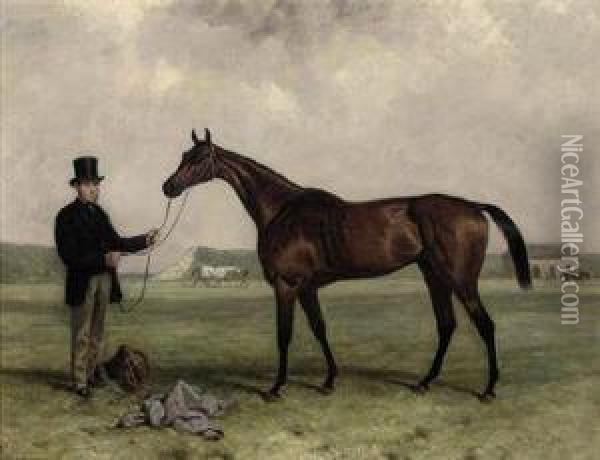 Gamester, Winner Of The 1859 
Doncaster And Newmarket St. Legers,held By A Groom, At Newmarket Oil Painting - Harry Hall