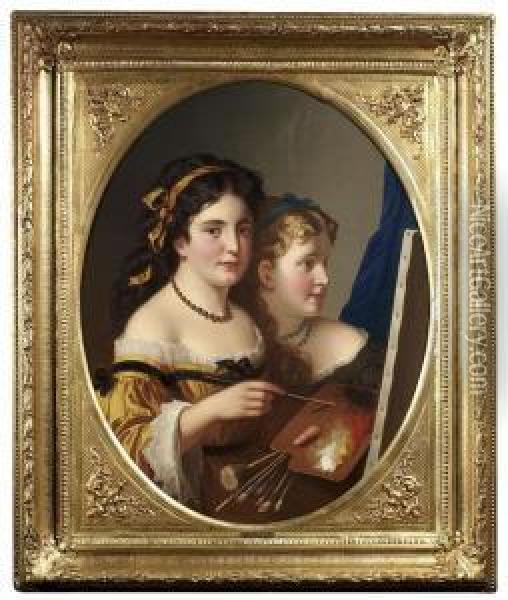 Zadorecki, M. Johann . Two Girls With Palette And Brushes At An Easel Oil Painting - Marcel Johann Zadorecki