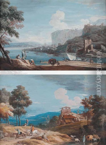 Vue D'un Estuaire Avec Barque De Peche A Voile, Cavalier Et Villageois (+ 3 Others, Various Sizes; 4 Works) Oil Painting - Marco Ricci