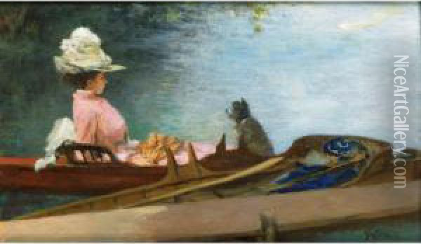 Le Depart Pour La Promenade 
[ferdiand Heilbuth, Young Woman In A Boat With Her Dog, Oil On Panel, 
Signed.] Oil Painting - Ferdinand Heilbuth
