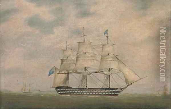 A Royal Naval three-decker in coastal waters; and A Royal Naval two-decker offshore Oil Painting - Lieutenant Robert Strickland Thomas