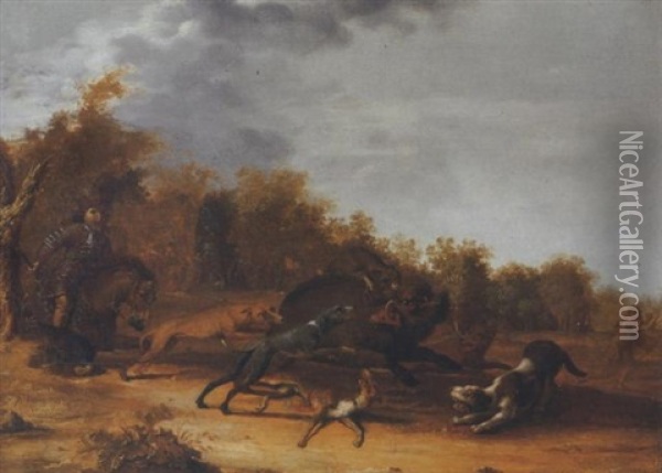 A Boar Hunt In A Forest Oil Painting - Paulus Potter