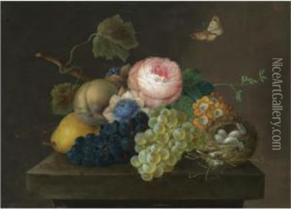 A Still Life With Grapes, Pears 
And Flowers, Together With A Bird's Nest With Eggs On A Stone Ledge, A 
Butterfly Above Oil Painting - Johann Baptist Drechsler