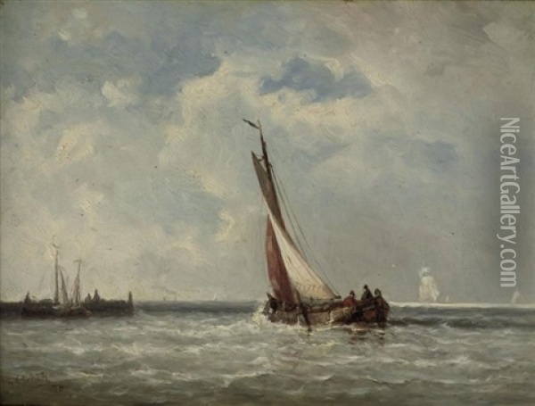 Sailing On A Calm Oil Painting - Johannes Frederick Schuetz