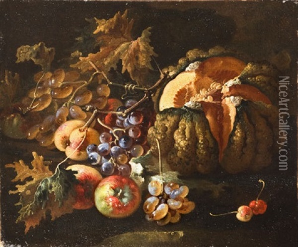 Una Zucca, Uve Bianche E Nere, Pesche Ed Altri Frutti En Plein Air Oil Painting - Giovanni Paolo Castelli (lo Spadino)