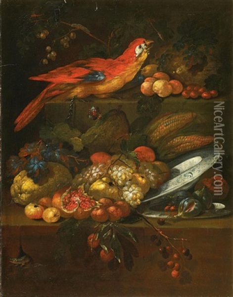 Stillleben Mit Granatapfeln, Mais Und Feigen Sowie Einem Papagei Oil Painting - Abraham Brueghel