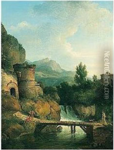 A River Landscape With Fishermen
 And A Lady With A Dog Crossing A Small Wooden Bridge, A Waterfall And 
Mountains Beyond Oil Painting - Jean-Victor Bertin