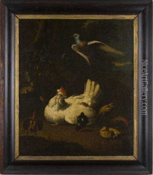Fowl In Landscape Oil Painting - Melchior de Hondecoeter