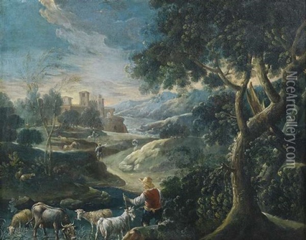 Abendliche Landschaft Mit Hirten Und Vieh Oil Painting - Johann Melchior Roos