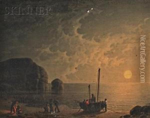 Smugglers, Moonlight With Lantern Oil Painting - Robert Salmon