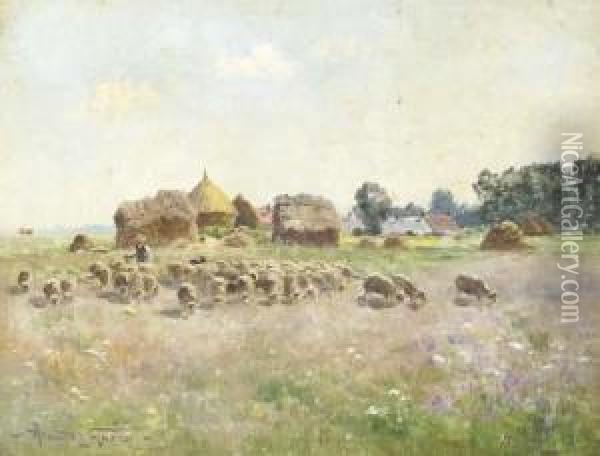 A Shepherd With His Flock In A Pasture Oil Painting - Armand Guery