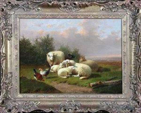 Sheep And Poultry In A Meadow Oil Painting - Joseph Van Dieghem
