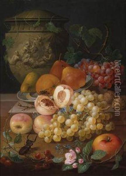 Still Life With Fruit And Flowers With A Lidded Vessel Oil Painting - Johann Nepomuk Mayrhofer
