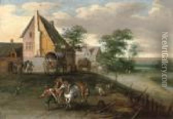 A Landscape With Farm Labourers, Their Horses And Wagons, Buildingsbeyond Oil Painting - Jan Brueghel the Younger