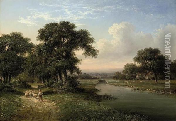 A Shepherd Boy Driving Home His Sheep On A Riverbank Oil Painting - Walter Williams