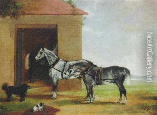 Two Dapple Grey Carriage Horses With Dogs Outside A Stable Oil Painting - George W. Miller