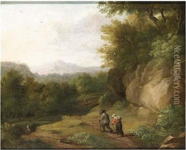 Travellers On A Path In A Wooded Landscape Oil Painting - Jacques D Arthois