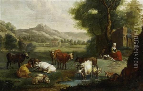 Vieh In Weiter Landschaft Mit Figurenstaffage Oil Painting - Jan Vermeer van Haarlem III