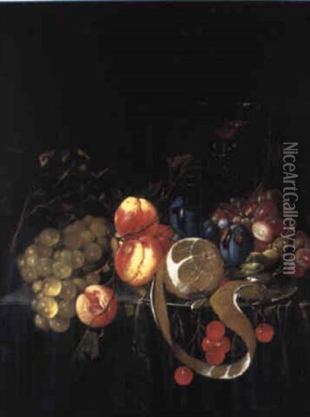 Peaches, Cherries And A Lemon On A Plate With Other Fruit On A Draped Ledge Oil Painting - Cornelis De Heem