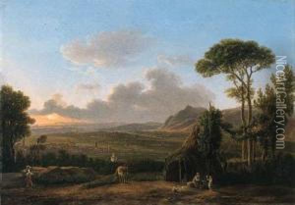 An Italianate Landscape With A Family Before A Hut, A Townbeyond Oil Painting - Simon-Joseph-Alexandre-Clement Denis