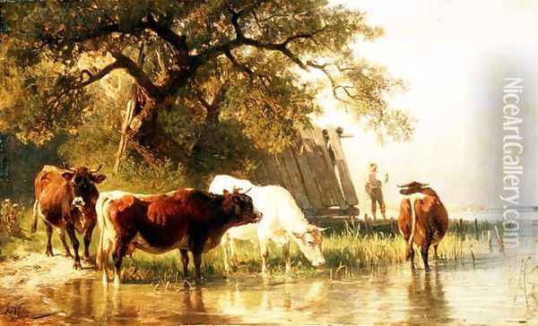 Cattle Watering in a River Landscape Oil Painting - Friedrich Johann Voltz