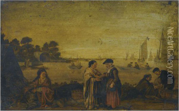 A River Landscape With Women Exchanging Money In Theforeground Oil Painting - Arentsz van der Cabel