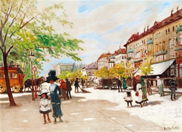 Andrassy Street In Sunshine Oil Painting - Antal Berkes