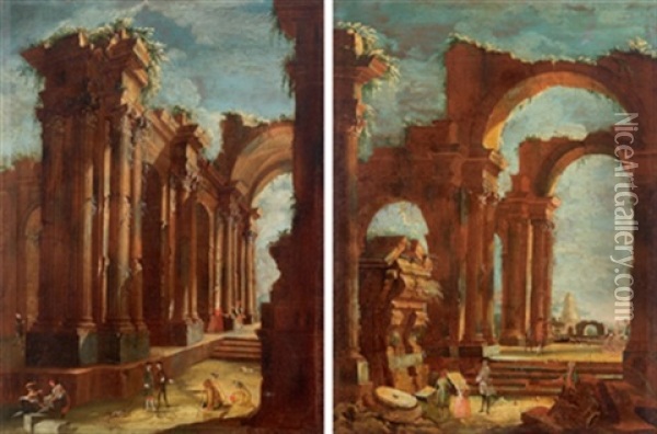 Zwei Landschaften Mit Antiken Ruinen (pair) Oil Painting - Pietro Paltronieri